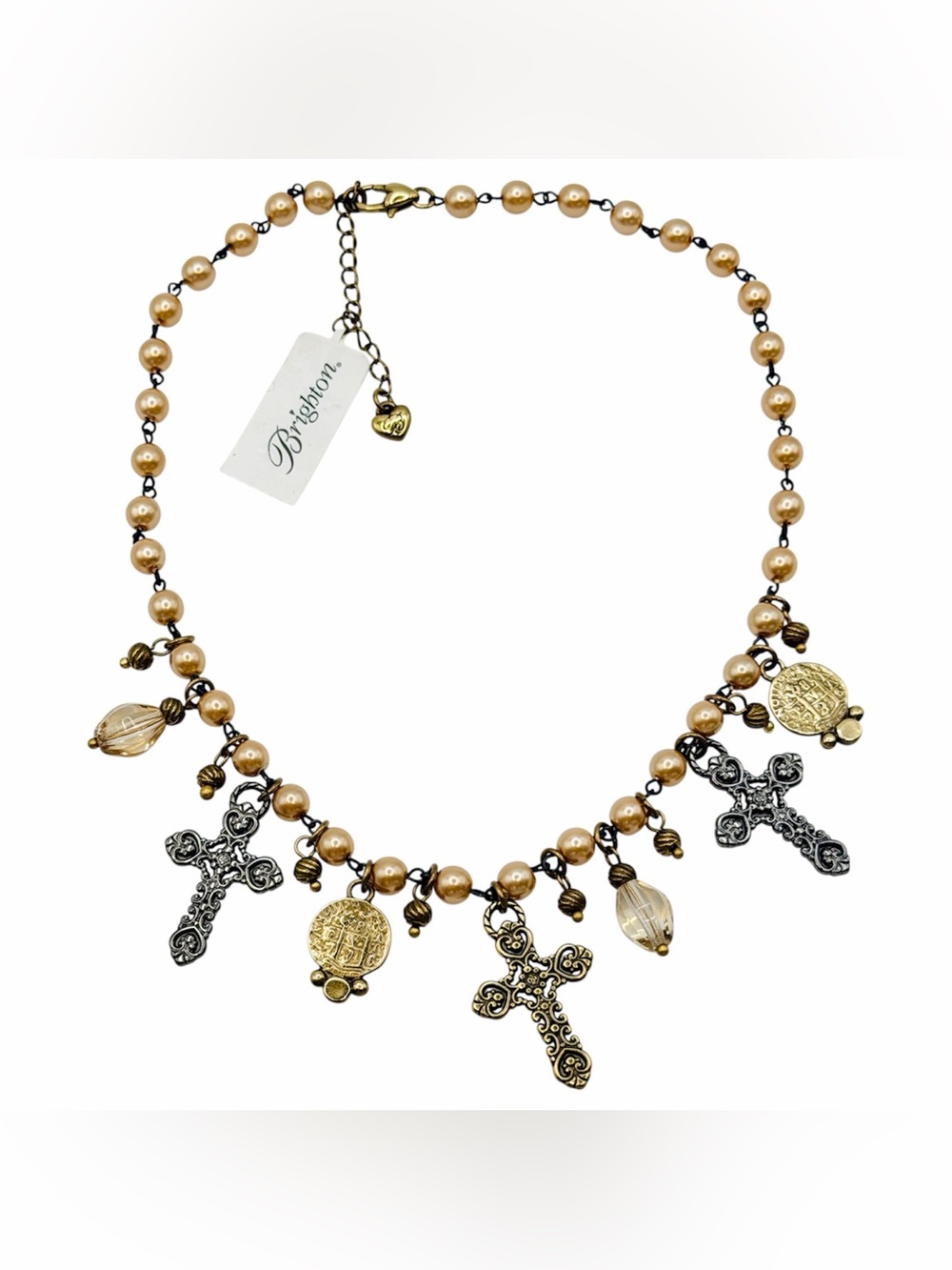 Brighton Gold and Pearl Cross & Coin Charm Necklace Y2K 2000s NWT